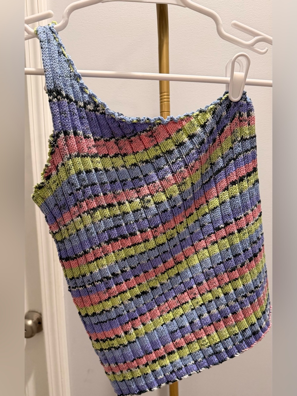 Ribbed One-Shoulder Striped Camisole in Multi Color